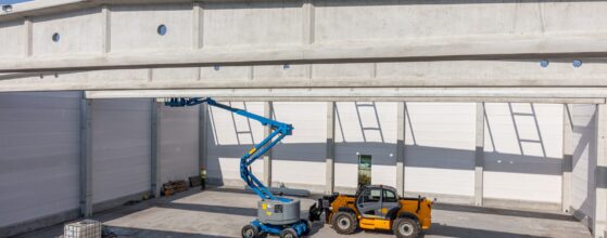 Warehouse construction with industrial vehicles.
