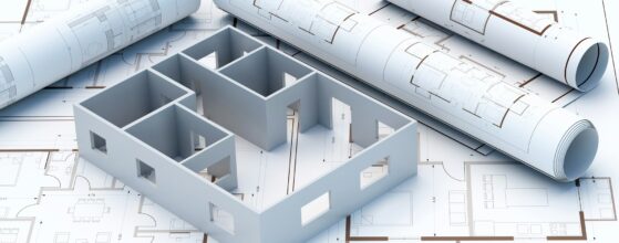 Construction project concept. Architecture blueprint background, 3d illustration