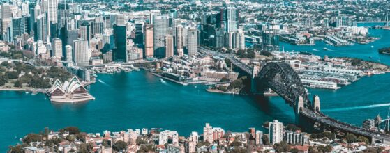 Top view of Sydney Australia, opera house, Sydney harbour bridge, city of Sydney